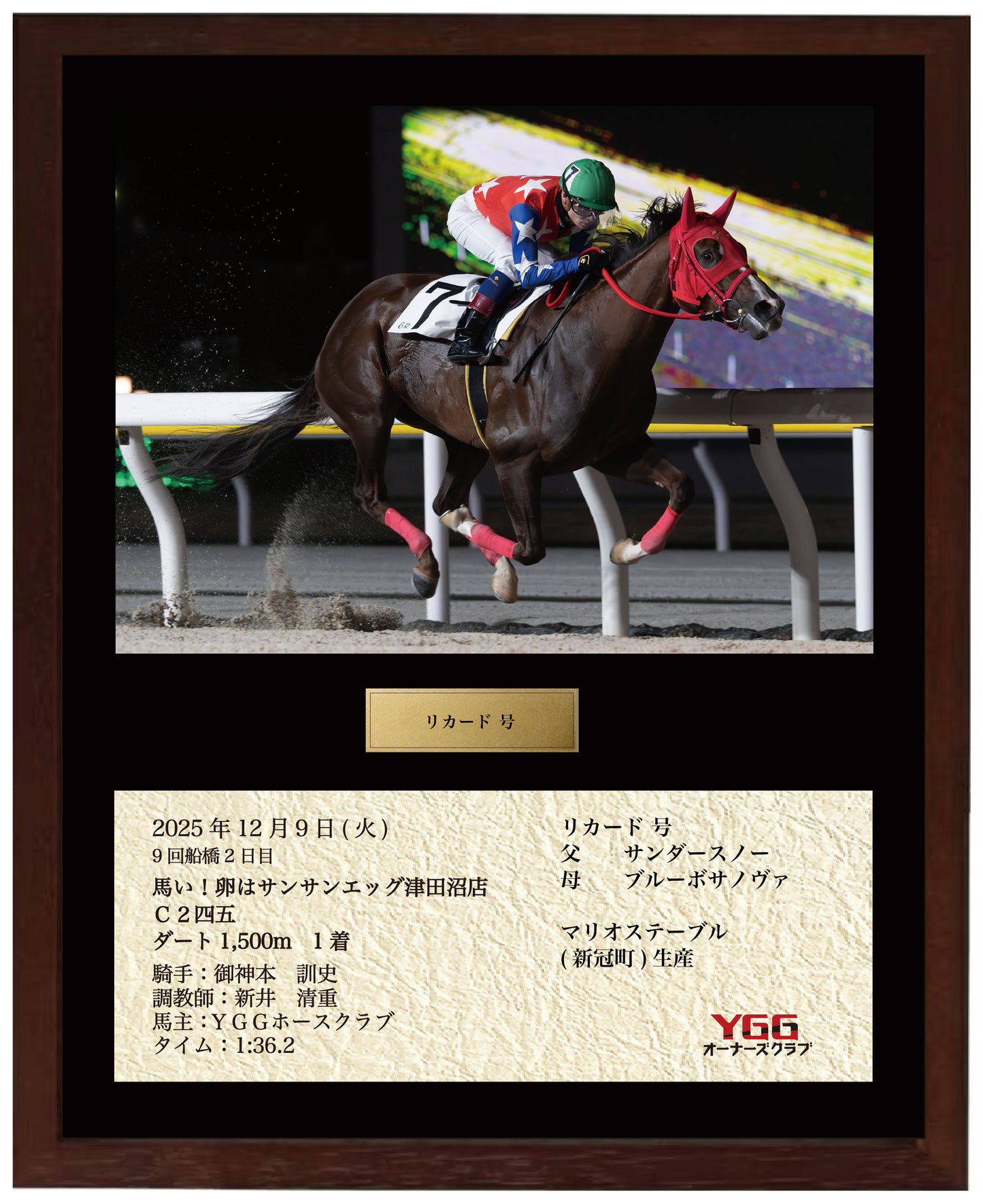 リカード号「馬い！卵はサンサンエッグ津田沼店 Ｃ２四五」勝利記念オリジナル額装