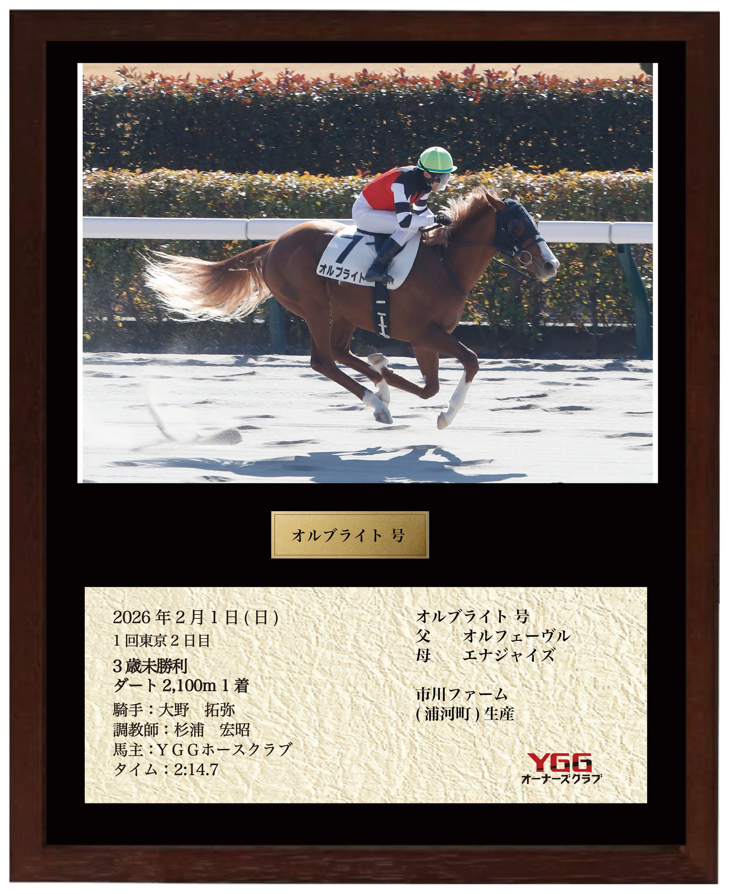 オルブライト号「3歳未勝利」勝利記念オリジナル額装