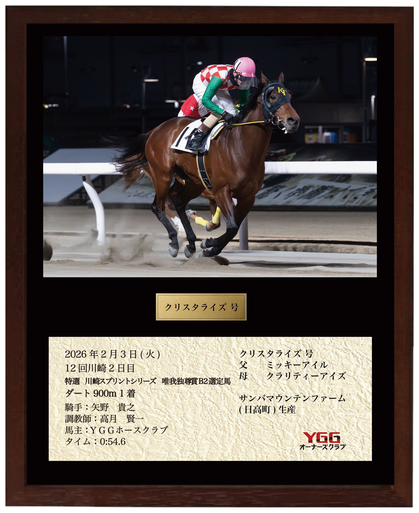 クリスタライズ号「特選　川崎スプリントシリーズ　唯我独尊賞B2選定馬」勝利記念オリジナル額装
