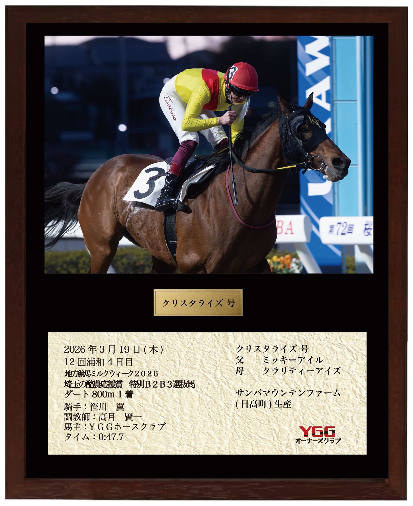 クリスタライズ号「埼玉の酪農応援賞　特別Ｂ２Ｂ３選抜馬」勝利記念オリジナル額装